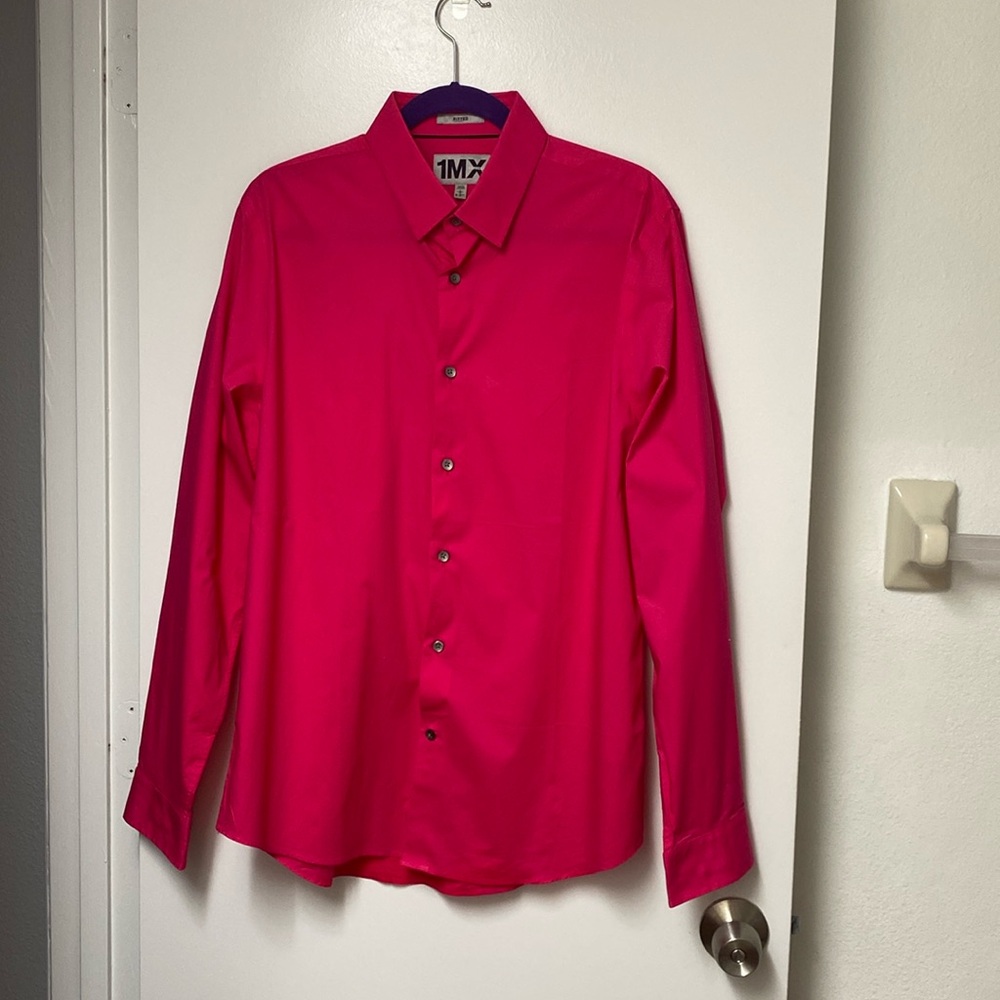 Express Men’s 1MX Large Fitted Long Sleeve Button Down Shirt-Pink